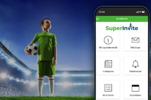 Boy on a football stadium next to the Superinvite phone app