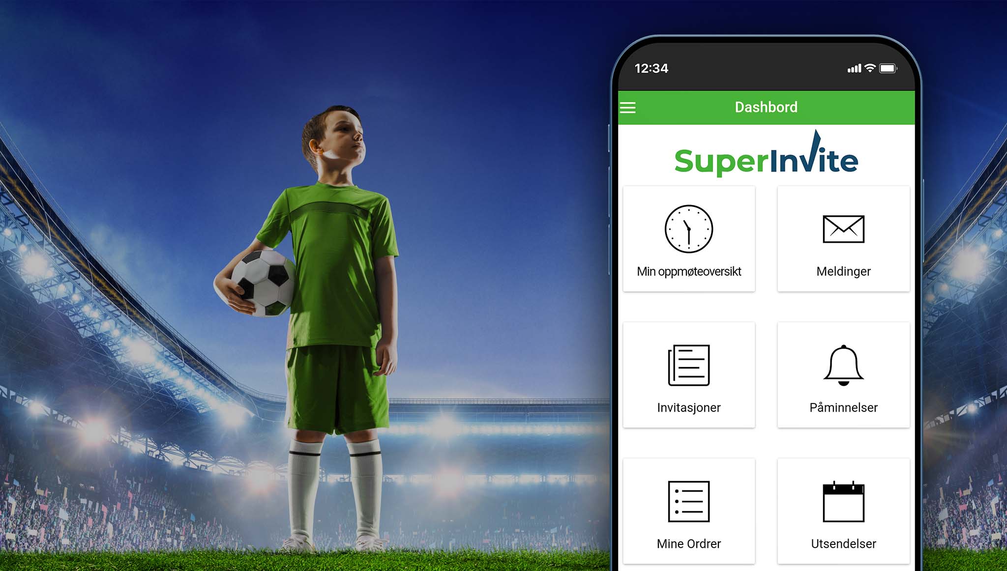 Boy on a football stadium next to the Superinvite phone app